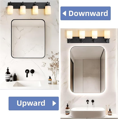 LOUSACE Bathroom Lighting Fixtures Over Mirror 4 Light Bathroom Vanity Lights Matte Black, Wall Vanity Lighting Fixture with Opal White Glass Shades for Vanity Cabinet