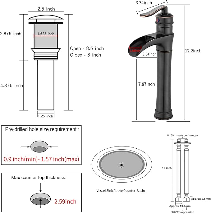 Oil Rubbed Bronze Bathroom Vessel Faucet GGStudy Single Handle One Hole Waterfall Farmhouse Bathroom Vessel Sink Faucet Matching with Pop Up Drain