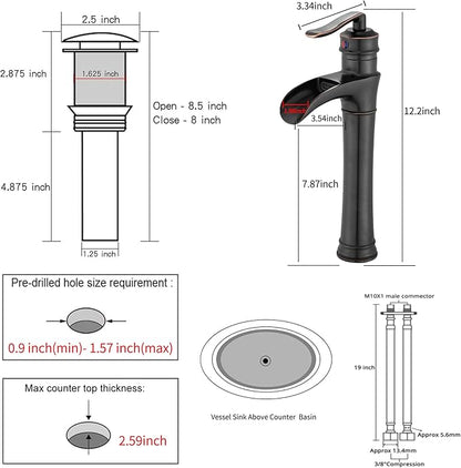 Oil Rubbed Bronze Bathroom Vessel Faucet GGStudy Single Handle One Hole Waterfall Farmhouse Bathroom Vessel Sink Faucet Matching with Pop Up Drain