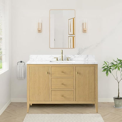HOMEBEYOND 48" Bathroom Vanity with Sink, Solid Wood Bathroom Vanity Free-Standing Cabinet, Drawers, Ceramic Top & Soft Closing Door, Golden Brushed Handware, Natural Oak