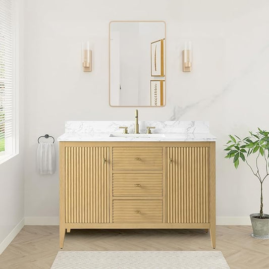 HOMEBEYOND 48" Bathroom Vanity with Sink, Solid Wood Bathroom Vanity Free-Standing Cabinet, Drawers, Ceramic Top & Soft Closing Door, Golden Brushed Handware, Natural Oak