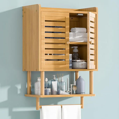 Bathroom Wall Cabinet, Over The Toilet Storage Cabinet with Adjustable Shelves, Medicine Cabinets with Towel Bar, Bamboo Wall Mounted Hanging Cabinet with 2 Door for Laundry Room, Bedroom