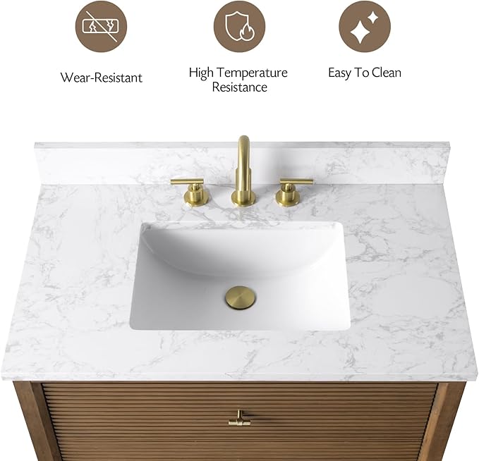 Vanity Art 36" Bathroom Vanity with Single Sink & Arabescato White Engineered Stone Top, Vanity Cabinet with Soft Closing Door, Solid Wood Frame, Golden Brushed Handles, Walnut VA8136-Walnut-GB