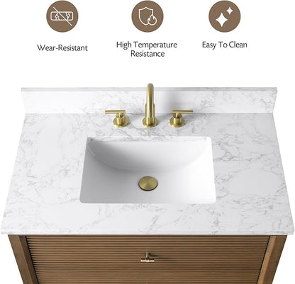 Vanity Art 36" Bathroom Vanity with Single Sink & Arabescato White Engineered Stone Top, Vanity Cabinet with Soft Closing Door, Solid Wood Frame, Golden Brushed Handles, Walnut VA8136-Walnut-GB