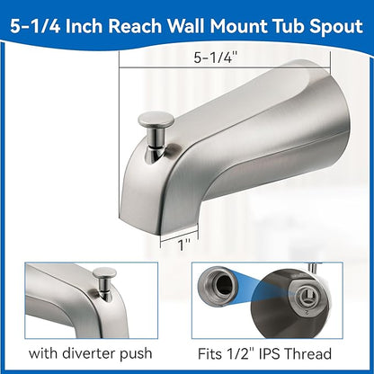 Dreyoo 5 1/4 Inch Bathroom Tub Spout Compatible with Westbrass E531D-1F-62, Fits Wall Front Mount Tub Spout with Shower Diverter 1/2'' IPS Inside Thread Bathtub Faucet(Brushed Nickel)