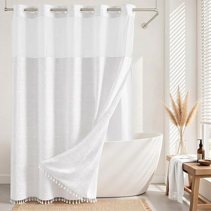 RiverDream Farmhouse No Hooks Shower Curtain with Snap-in Liner,White,71x80 | Snap on Fabric Liner,Heavy Duty,Quick Dry,Mesh Top Window,With Bottom Magnets,Washable,with Tassels,Long Size