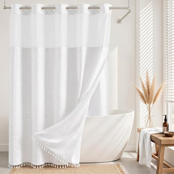 RiverDream Farmhouse No Hooks Shower Curtain with Snap-in Liner,White,71x74 | Snap on Fabric Liner,Heavy Duty,Quick Dry,Mesh Top,With Bottom Magnets,Washable,with Tassels,Standard Size