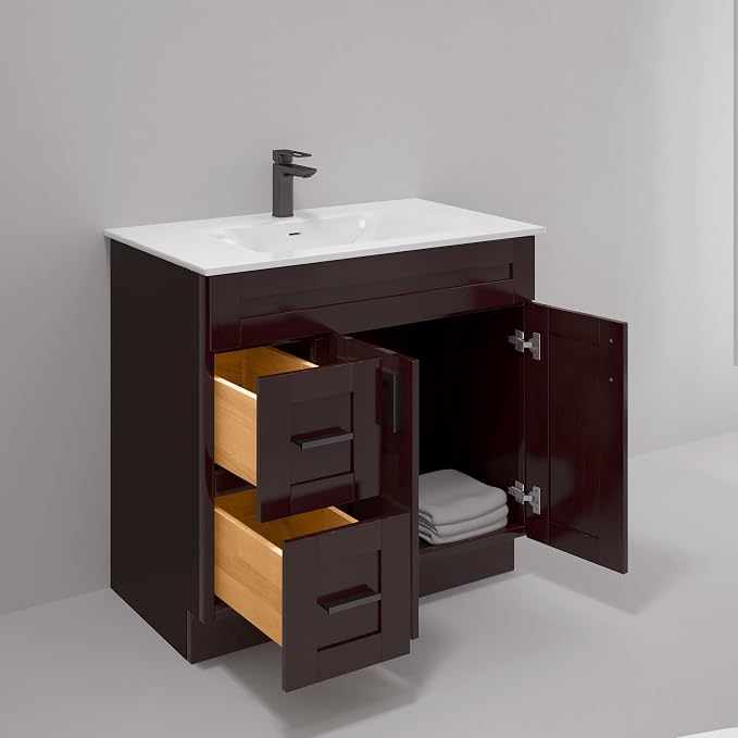 36" Espresso Shaker Bathroom Vanity Base – Ready-to-Assemble Sink Cabinet with Drawers, Freestanding Bathroom Vanity Base Only, No Top or Sink