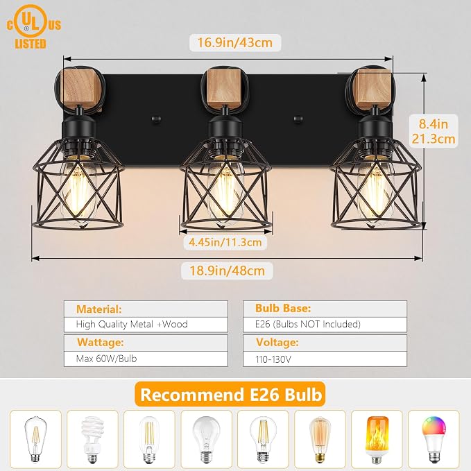 FadimiKoo 3-Light Bathroom Vanity Lights, Farmhouse Bathroom Light Fixtures | Rustic Wood & Black Metal Shade, Wood Bathroom Lighting Fixtures Over Mirror, Wall Sconces for Bathroom Bedroom Living Room
