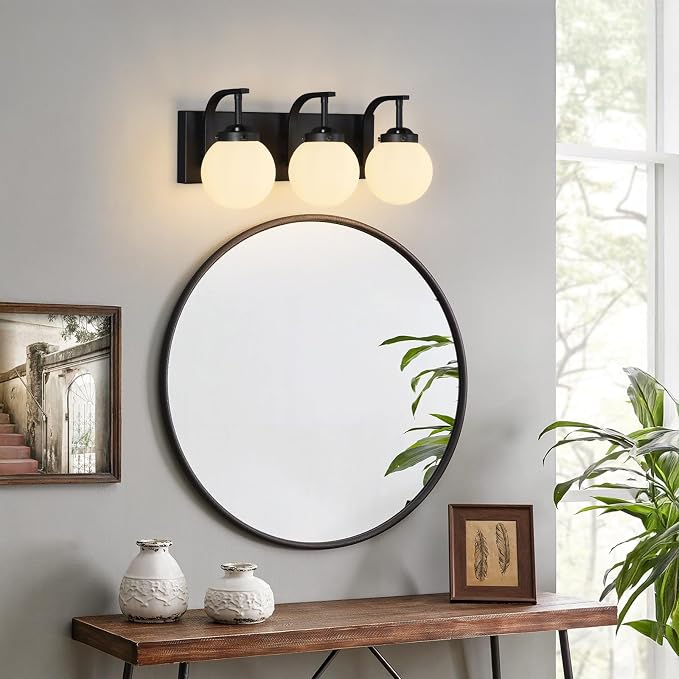 3 Lights Bathroom Vanity Light Fixtures Modern Sand Black Vanity Light with Milk White Glass Globe Shade Bathroom Lighting Over Mirror Wall Sconce for Bedroom Living Room Hallway