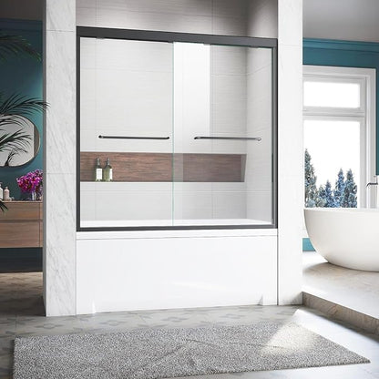 Bathtub Glass Shower Door,56-60 inch W x 57 inch Matte Black Shower Doors with 1/4 inch Clear Tempered Glass,Double Sliding Semi-Frameless Bypass Tub Doors with Stainless Steel Handles