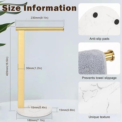 Hand Towel Holder Stand for Bathroom, L- Shaped Standing Hand Towel Rack, Towel Bar Kitchen Vanity Countertop Organizer, SUS304 Stainless Steel Material (Marble Base, Gold)