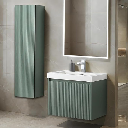 Blossom 24 Inch Bathroom Vanity with Sink and Side Cabinet, All Wood Floating Bathroom Vanity with Acrylic Sink, Bathroom Sink Cabinet with Soft-Close Drawer, Modern Style Vanities, Aventurine Green