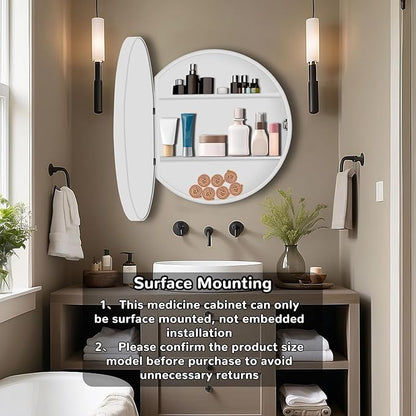24 Inch Round Medicine Cabinet with Mirror, White Bathroom Medicine Cabinet for Wall Metal Framed, Surface Mount Only Circular Storage Cabinet with Vanity Mirror