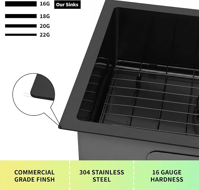 Kitsitchen Black RV Kitchen Sink,16 Guage T304 Stainless Steel Undermount Kitchen Sinks with Strainer & Bottom Gird, 23" x 16" x 7" Single Bowl Drop In Kitchen Sink Used at RV, Outdoor and Bathroom