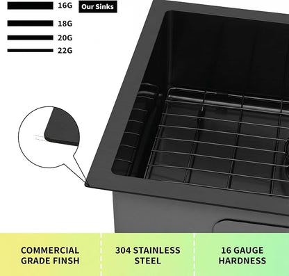 Kitsitchen Black RV Kitchen Sink,16 Guage T304 Stainless Steel Undermount Kitchen Sinks with Strainer & Bottom Gird, 23" x 16" x 7" Single Bowl Drop In Kitchen Sink Used at RV, Outdoor and Bathroom