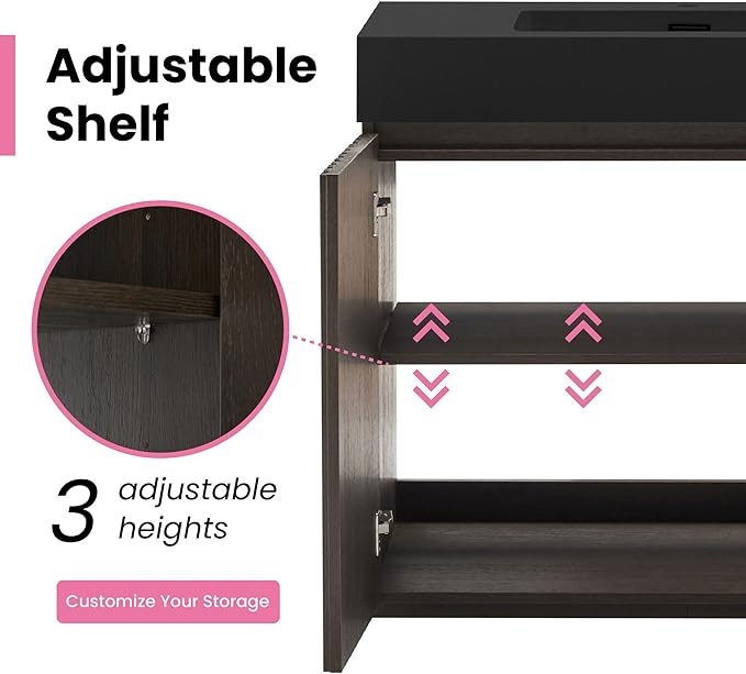 36" Bathroom Vanity with Sink Combo, Mid Century Modern Bathroom Cabinet with Doors & Open Shelf, Matte Black Integrated Sink with Overflow, Dark Grey Oak