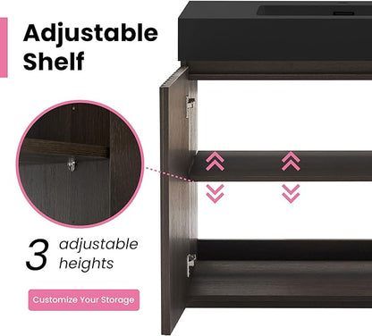 36" Bathroom Vanity with Sink Combo, Mid Century Modern Bathroom Cabinet with Doors & Open Shelf, Matte Black Integrated Sink with Overflow, Dark Grey Oak