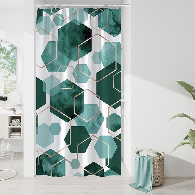 Litabel Small Stall Shower Curtain Set, Geometric Bathroom Decor 36x72 | Narrow Half Modern Minimalist Shower Curtais, Dark Green Geometric Art Print Abstract Waterproof Bath Curtain
