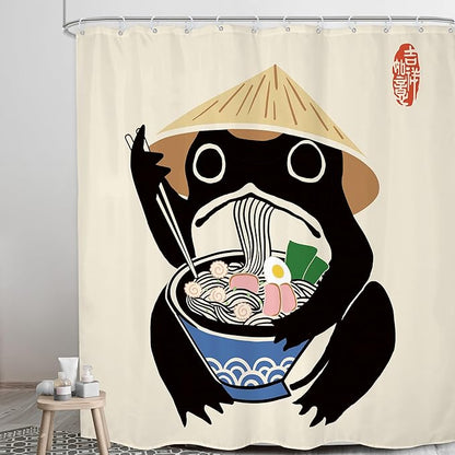 LGhtyro Extra Long Funny Frog Shower Curtain Bathroom Set 71Wx84H Inches Retro Cute Animal Asian Traditional Noodles Strawhat Vintage Bath Accessories Japanese Art Home Decor Fabric 12 Pack Hooks