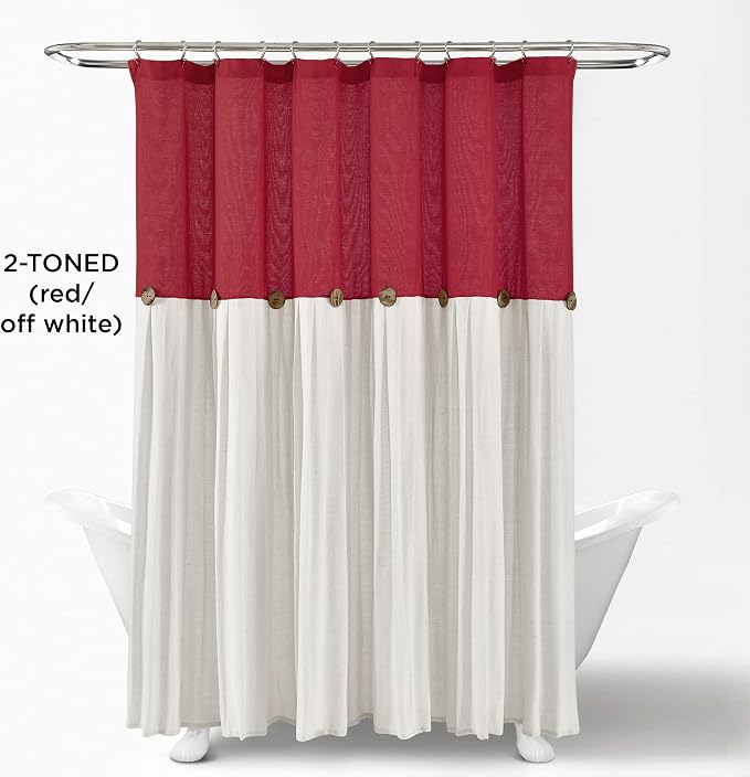 Lush Decor Linen Button Shower Curtain, 72" W x 72" L, Red & Off White - Red Bathroom Curtain - Fabric Shower Curtains - Farmhouse Bathroom Decor