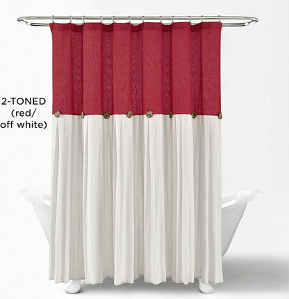 Lush Decor Linen Button Shower Curtain, 72" W x 72" L, Red & Off White - Red Bathroom Curtain - Fabric Shower Curtains - Farmhouse Bathroom Decor