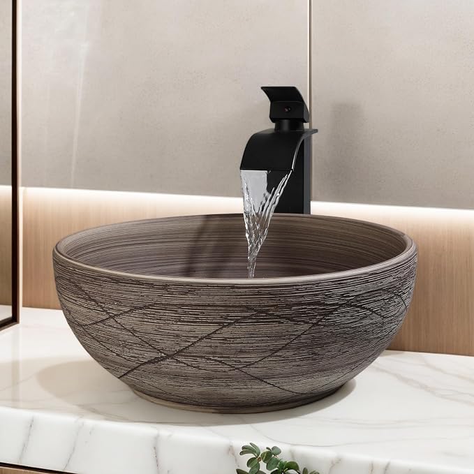 14 Inch Ceramic Bathroom Vessel Sink, Matte Black-Brown Round | Above Counter, With Faucet and Pop Up Drain Combo, Sinks Bowl for Vanity, Porcelain Art Basin, Easy Clean and Install