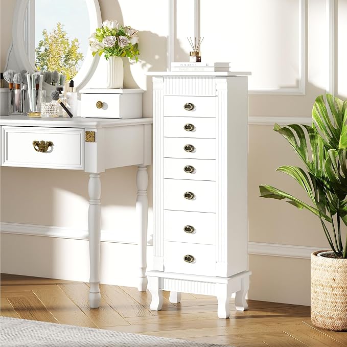 DREAMADE Jewelry Armoire, Standing Jewelry Box w/Mirror & 7 Drawers, White | Flip Top Organizer with 2 Side Doors and Anti-Toppling Device, Large Jewelry Cabinet Storage for Bedroom