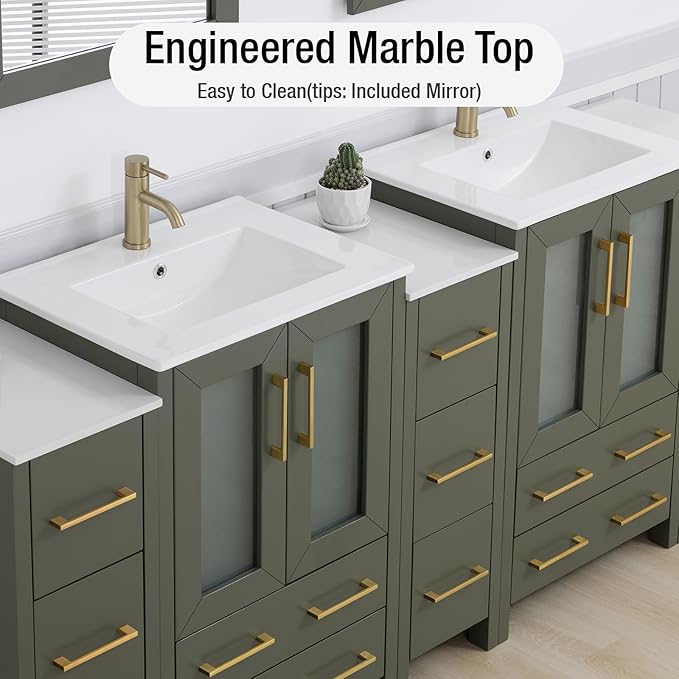 HOMEBEYOND 84 Inch Modern Bathroom Vanity with Sink & Mirror, Double Sink Vanity Cabinet with Basin and Mirror, Dove-Tailed Drawers, Soft-Closing Doors, Wood, Vintage Green