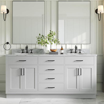 ARIEL Hepburn 72-inch Bathroom Vanity with Sink,Solid Wood, 0.75-inch Italian Carrara Marble Countertop & Backsplash, Double Oval Porcelain Sink, 4 Soft Closing Doors, 6 Dovetail Drawers, Grey