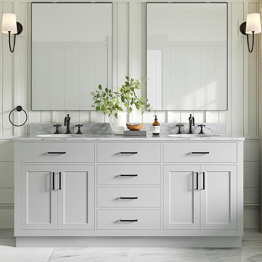 ARIEL Hepburn 72-inch Bathroom Vanity with Sink,Solid Wood, 0.75-inch Italian Carrara Marble Countertop & Backsplash, Double Oval Porcelain Sink, 4 Soft Closing Doors, 6 Dovetail Drawers, Grey