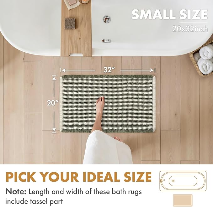 MIULEE Set of 2 Waffle Bathroom Rugs Boho Bath Mat Green&Cream 20x32 Inch | Non Slip, Super Absorbent, Washable, Ultra Soft, Rubber Backed Bath Rugs for Bathroom Floor Tub Shower