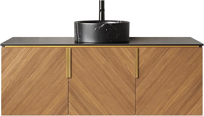 48 Inch Bathroom Vanity with Single Sink, Floating Vanity with Vessel Sink, Modern Bathroom Vanity Cabinet with 3 Doors, Sintered Stone Countertop and Black Round Basin,Brown Oak