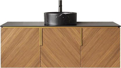 48 Inch Bathroom Vanity with Single Sink, Floating Vanity with Vessel Sink, Modern Bathroom Vanity Cabinet with 3 Doors, Sintered Stone Countertop and Black Round Basin,Brown Oak