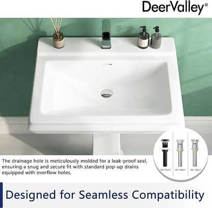 DeerValley Apex 26x20 Inch White Pedestal Sink, Ceramic Pedestal Bathroom Sink with Single Faucet Hole and Overflow, DV-1P52101
