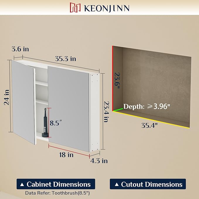 Keonjinn 36x24 in Black Medicine Cabinet for Bathroom with Mirror, HD Glass | Lightweight Aluminum Structure, Assembly Required, in Wall or Wall Mount, Free Adjustable Shelves, Safe Tempered Glass
