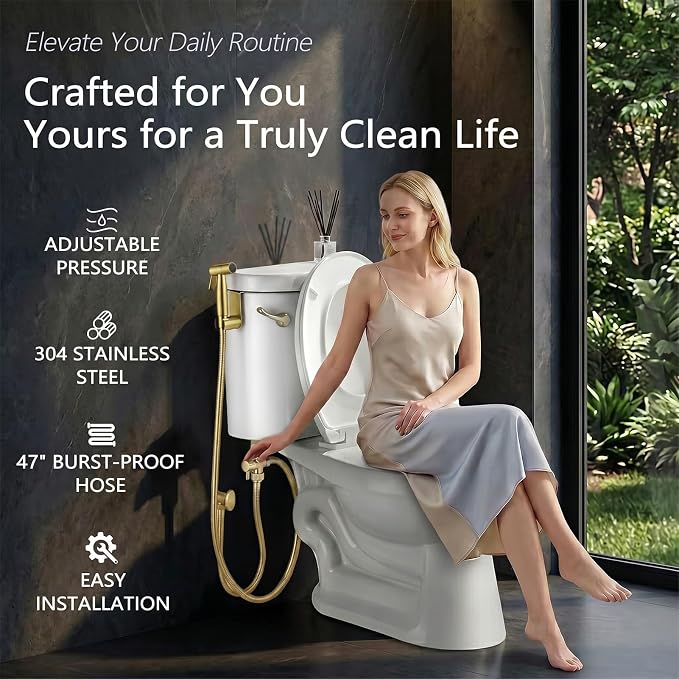 TRIPHIL Handheld Bidet Sprayer for Toilet, Adjustable Water Pressure Jet Bidet Attachment with Leak-Proof 304 Stainless Steel T-Valve for Bathroom Cleaning, Cloth Diaper/Feminine Wash, Brushed Gold
