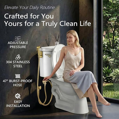TRIPHIL Handheld Bidet Sprayer for Toilet, Adjustable Water Pressure Jet Bidet Attachment with Leak-Proof 304 Stainless Steel T-Valve for Bathroom Cleaning, Cloth Diaper/Feminine Wash, Brushed Gold