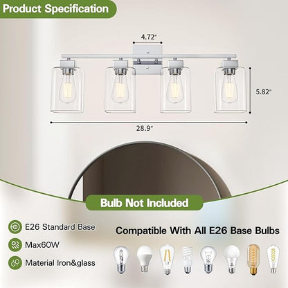 Espird 4 Light Bathroom Vanity Light - Chrome Bathroom Light Fixtures Square Design & UL Certification, 26 inch Square Bath Room Lights Over Mirror, Vanity Lighting Fixtures for Living Room & Bedroom