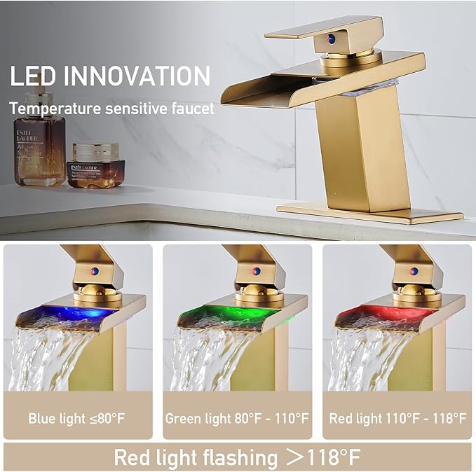 LED Bathroom Sink Faucet, Brushed Gold Waterfall Single Hole Handle Vanity Faucets for Sinks 1 Hole with Metal Pop Up Drain and 2 Water Supply Lines, Stainless Steel Spout