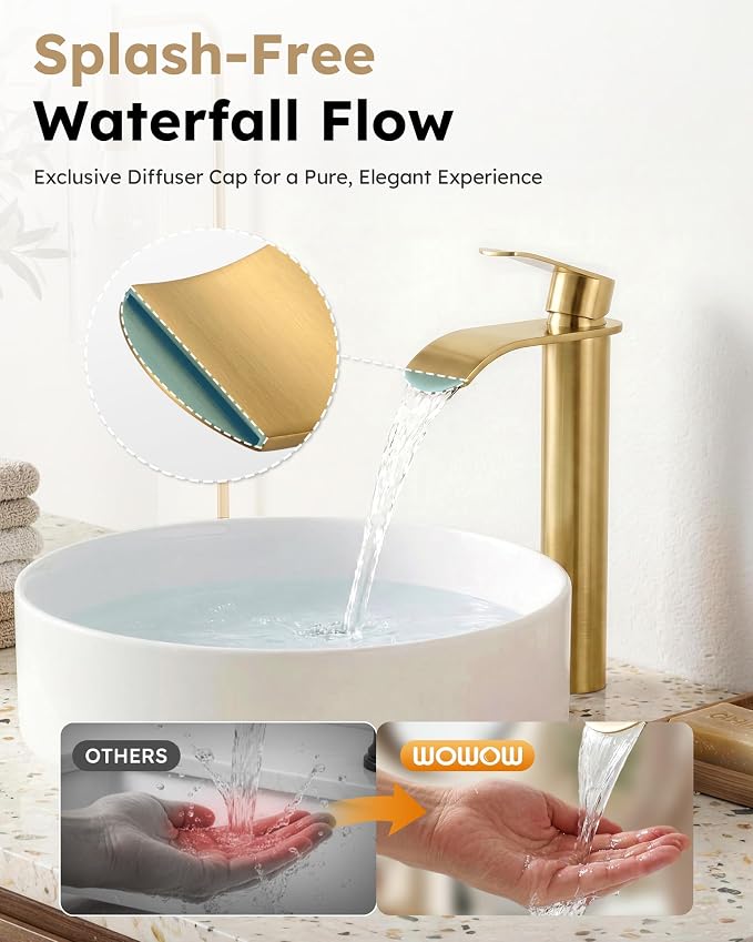 Vessel Sink Faucet Gold for Bathroom：WOWOW Single Handle Tall Bathroom Faucet - Waterfall Single Hole Mixer Bar Tap with Large Rectangular Spout, Deck Mount Lavatory Vanity with Pop Up Drain