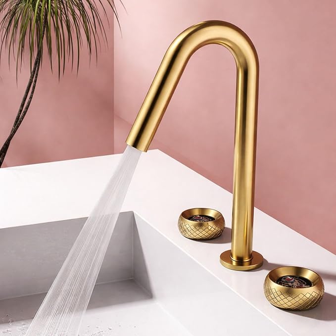 Wide Spread Bathroom Faucets for Sink 3 Hole Dual Mode 2 Knob Restroom Faucet Brass,Brushed Gold
