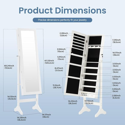 DUMOS Freestanding Jewelry Organizer Cabinet with Full Length Mirror | Standing Jewelry Armoire, Lockable, 47.3" Mirror with Storage, 2 Drawers, 3 Adjustable Angles (13°/23°/30°), White