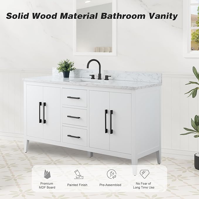 HomeBeyond 60 Inch Bathroom Vanity with Sink & Ceramic Top, Single Vanity Cabinet with Basin, Soft-Closing Doors & Matte Black Hardware, White