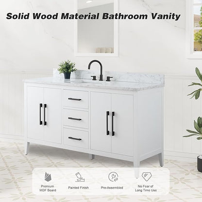 HomeBeyond 60 Inch Bathroom Vanity with Sink & Ceramic Top, Single Vanity Cabinet with Basin, Soft-Closing Doors & Matte Black Hardware, White
