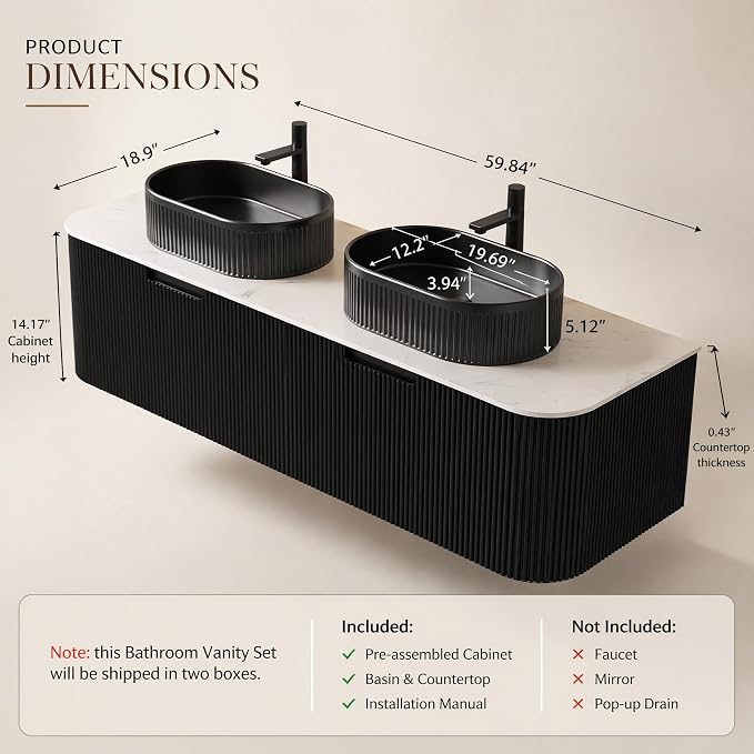 60 Inch Double Sink Bathroom Vanity, Floating Wall Mounted Cabinet, Black Curved Fluted Front, Stone Top, Dual Black Textured Oval Vessel Basins, Pre-Assembled
