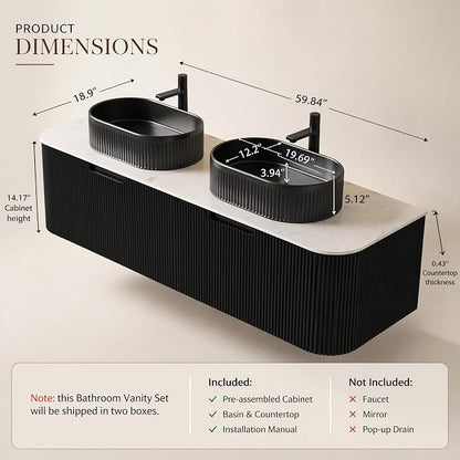 60 Inch Double Sink Bathroom Vanity, Floating Wall Mounted Cabinet, Black Curved Fluted Front, Stone Top, Dual Black Textured Oval Vessel Basins, Pre-Assembled