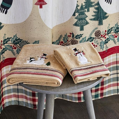 SKL Home Christmas/Winter Rustic Plaid Snowman Bath Towel, Wheat | 100% Cotton. 500 GSM. Soft & absorbent terry with embroidery. Great for holiday gifting.