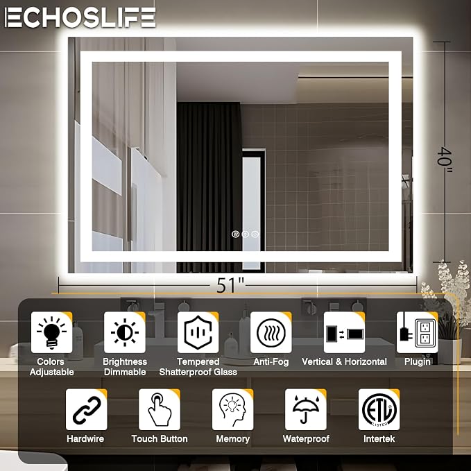 EchosLife 51"x40" Bathroom Light up Mirror | Backlit + Front Lit, Anti-Fog, Stepless Dimmable, 3 Colors, Memory, Tempered Glass, UL Listed, Horizontal/Vertical