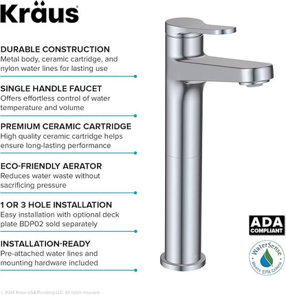 KRAUS Indy Bathroom Faucet for Vessel Sink in Chrome with Single Handle, Pop Up Drain and Supply Lines, KVF-1410CH